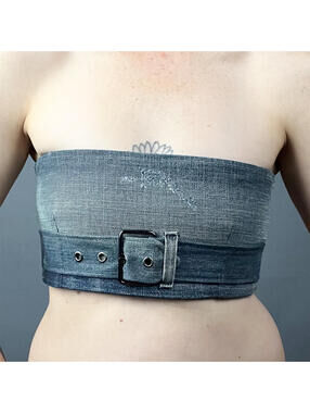 Denim Tube Top | Upcycled Denim Belted Bandeau Top Lace Up Reworked Jeans